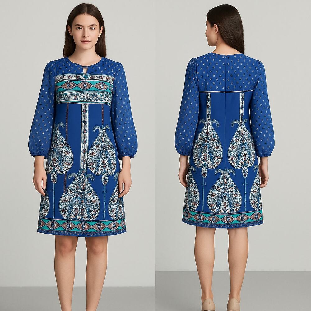 Ally B Blue Boho Paisley Print Dress Women’s Size 14 3/4 Sleeve Lined Shift Chic